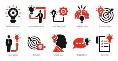 A set of 10 idea icons as idea generation, idea presentation, idea execution vector