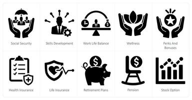 A set of 10 employee benefits icons as social security, skills development, work life balance vector