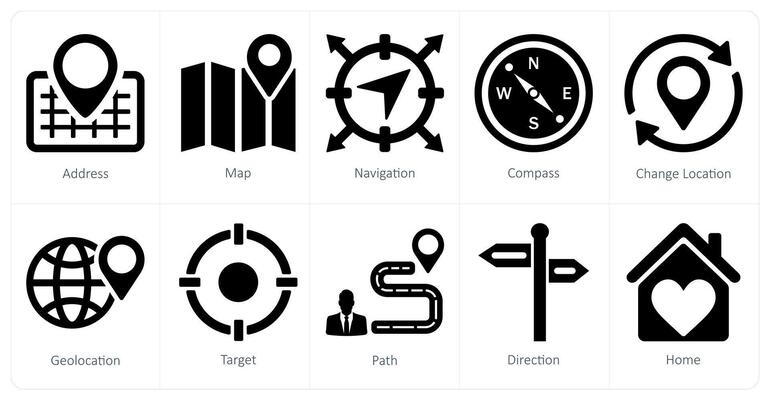A set of 10 location icons as address, map, navigation