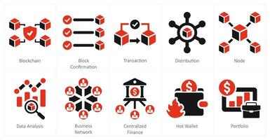 un conjunto de 10 blockchain íconos como cadena de bloques, bloquear confirmación, transacción vector