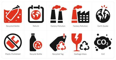 A set of 10 Ecology icons as recycled bottle, nature, factory pollution vector