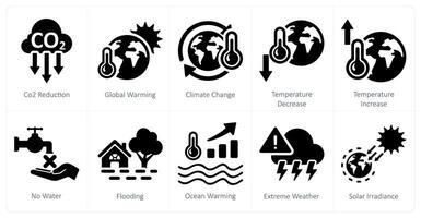 A set of 10 climate change icons as co2 reduction, global warming, climate change vector