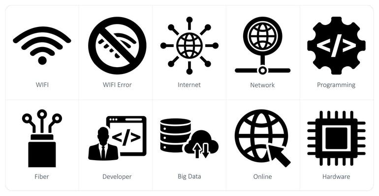 A set of 10 internet computer icons as wifi, wifi error, internet