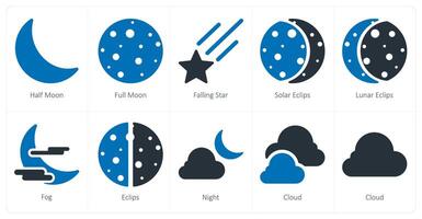 A set of 10 Weather icons as half moon, full moon, falling star vector