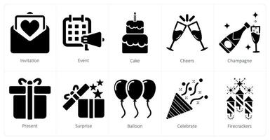 A set of 10 celebrate icons as invitation, event, cake vector