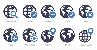 A set of 10 Navigation icons as global search, compass, location vector
