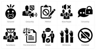 A set of 10 freedom of speech icons as censored, censorship, petition vector