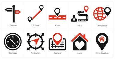 A set of 10 location icons as direction, distance, route vector