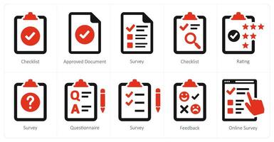 A set of 10 survey and rating icons as checklist, approved document, survey vector