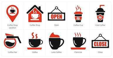 un conjunto de 10 café íconos como café tienda ubicación, café comercio, abierto vector