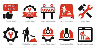 A set of 10 under construction icons as coming soon, under maintenance, work in progress vector