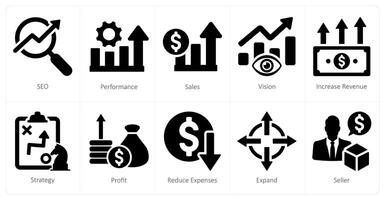 A set of 10 increase sale icons as seo, performance, sales vector