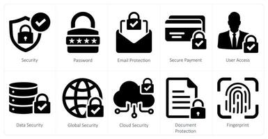 A set of 10 cyber security icons as security, password, email protection, secure payment vector