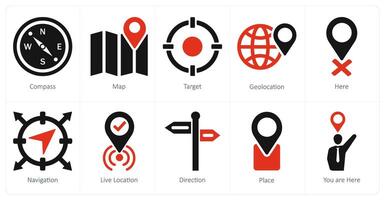 un conjunto de 10 ubicación íconos como Brújula, mapa, objetivo vector
