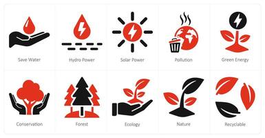 un conjunto de 10 ecología íconos como salvar agua, hidro fuerza, solar poder vector