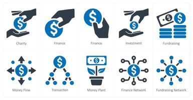 un conjunto de 10 recaudación de fondos íconos como caridad, finanzas, inversión vector