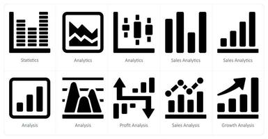 un conjunto de 10 diagramas y informes íconos como Estadísticas, analítica, ventas analítica vector