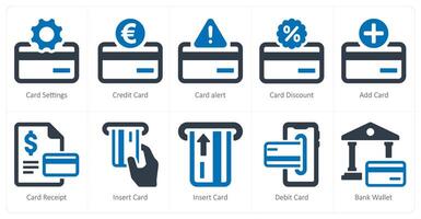 A set of 10 finance icons as card settings, credit card, card alert vector