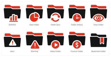 A set of 10 Folder icons as statistics, data folder, folder sync vector