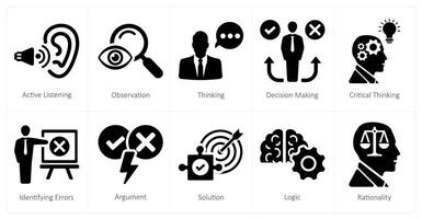 A set of 10 critical thinking icons as active listening, observation, thinking vector