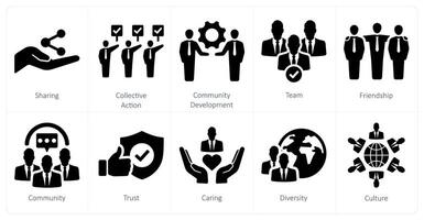 A set of 10 community icons as sharing, collective action, community development vector