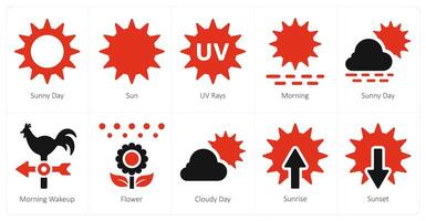 A set of 10 Weather icons as sunny day, sun, uv rays vector