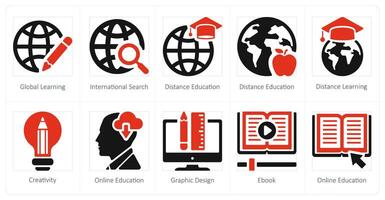 A set of 10 online education icons as global learning, international search, distance education vector
