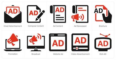 un conjunto de 10 anuncios y márketing íconos como correo electrónico anuncio publicitario, componer contenido vector