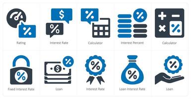 un conjunto de 10 préstamo y deuda íconos como clasificación, interesar tasa, calculadora vector