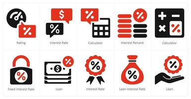 A set of 10 Loan and Debt icons as rating, interest rate, calculator vector