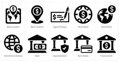 A set of 10 finance icons as bank location, signed cheque, world bank vector