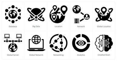 A set of 10 Big Data icons as database, big data, location vector