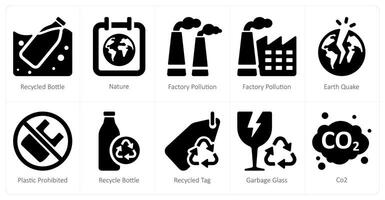 A set of 10 Ecology icons as recycled bottle, nature, factory pollution vector