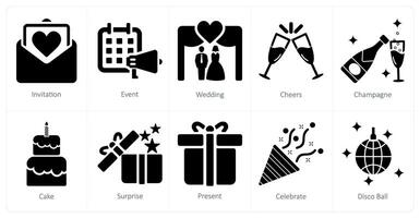 A set of 10 celebrate icons as invitation, event, wedding vector