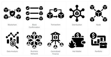 un conjunto de 10 blockchain íconos como cadena de bloques, bloquear confirmación, transacción vector