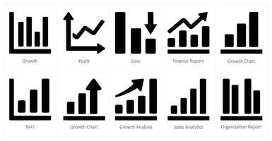 A set of 10 Diagrams and Reports icons as growth, profit, loss vector