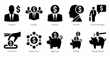 A set of 10 finance icons as investor, finance manager, insert coin vector