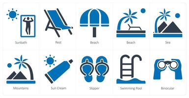 A set of 10 Travel and vacation icons as sunbath, rest, beach vector