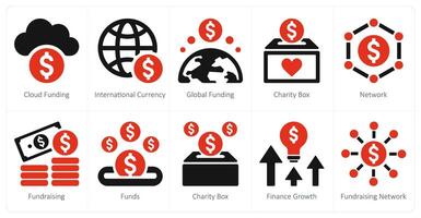 A set of 10 crowdfunding and donation icons as cloud funding, international currency, global funding vector
