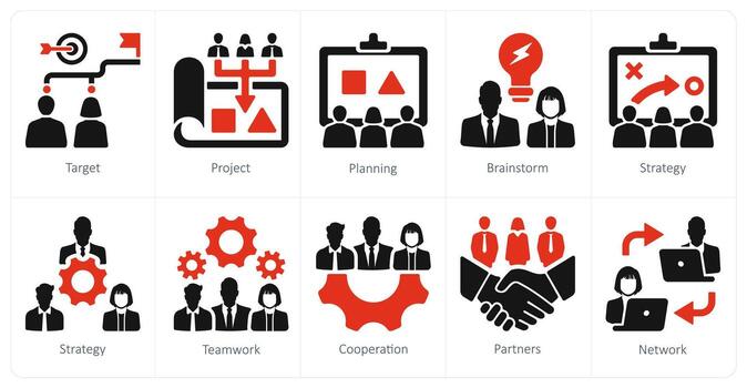 A set of 10 Teamwork icons as target, project, planning, brainstorm vector