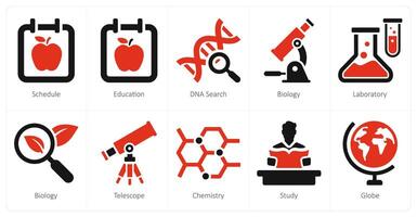 A set of 10 school and education icons as schedule, education, dna search vector