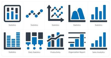 A set of 10 Diagrams and Reports icons as statistics, daily statistics, productivity vector