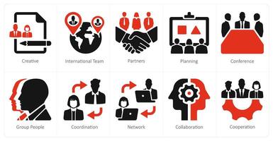 A set of 10 Teamwork icons as creative, international team, partners vector