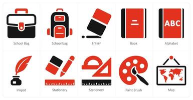 A set of 10 school and education icons as school and educationand educationand educationbag, eraser, book vector