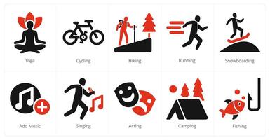 A set of 10 hobby icons as yoga, cycling, hiking vector