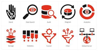 A set of 10 big data icons as hand, data search, audit vector