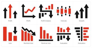 un conjunto de 10 diagrama y informes y informes íconos como ganancia, lucro análisis, intervalos vector