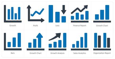 A set of 10 Diagrams and Reports icons as growth, profit, loss vector