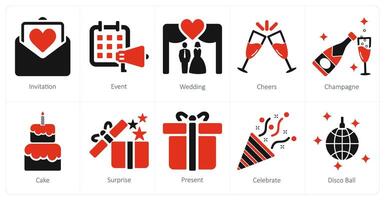 A set of 10 celebrate icons as invitation, event, wedding vector