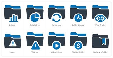 A set of 10 Folder icons as statistics, data folder, folder sync vector